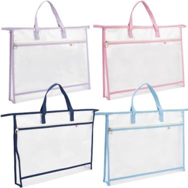 Imagem de CRASPIRE 4 peças de bolsa de projeto de costura de malha com alça, 4 cores, retangular, A3, zíper de PVC, camada dupla, pasta de documentos, pastas para documentos para escola, escritório, trabalho,