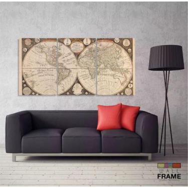 Imagem de Quadro Decorativo Mapa Mundi Antigo 120x60 3 peças - Wall Frame