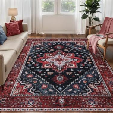 Imagem de Ciicool Tapete de área de 1,5 x 2,1 m, tapetes laváveis para sala de estar, antiderrapante, tapete grande de pelo baixo, tapete vintage para quarto, sala de jantar, decoração de hall de entrada