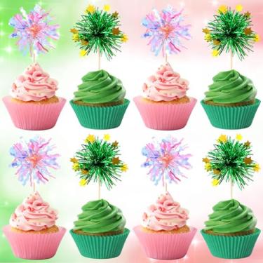 Imagem de Geelin 40 Pcs Witch Themed Foil Firework Cupcake Topper Pink & Green Sparkle Tinsel Cupcake Decoration with Magic Wand Design for Witch Party Princess Birthday Party Enchanted Themed Event (Special)