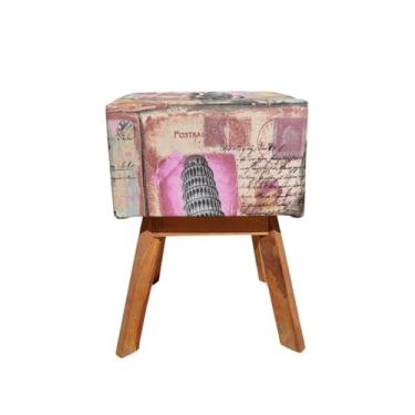 Imagem de Puff Quadrado Pés De Madeira Estampa Decorativo Quarto Sala (Retro Rosa)