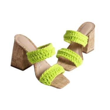 Imagem de Tamanco Salto Bloco - Tiras de Crochê - Verde Limão - FLYSHOES, 37