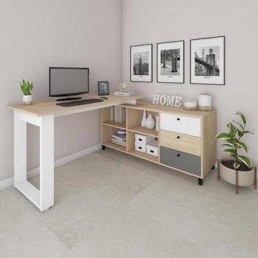 Imagem de Escrivaninha 3 Gavetas em L Madri Carvalho Grafito Branco - CASA H