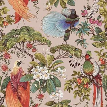 Imagem de VEELIKE Papel de parede floral rosa empoeirado para descascar e colar vintage tropical pássaro de poleiro papel de parede 48 cm x 354 cm removível autoadesivo rosa chinoiserie papel de parede para