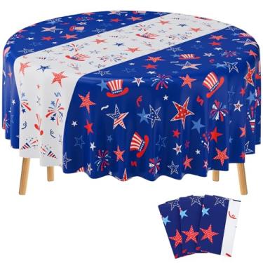 Imagem de Oudain 3 peças de toalha de mesa redonda 4 de julho toalha de mesa patriótica de plástico patriótica descartável capa de mesa para dia da independência vermelho branco azul estrelas decoração para