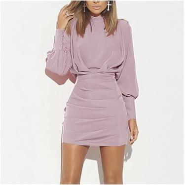 Imagem de Sexy Backless Bodycon Vestido Senhora Do Escritório De Manga Comprida Std Pescoço Mini Vestido Plissado Plus Size Vestido De Chiffon Confortável, Pink, M