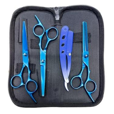 Imagem de Kit Barbeiro 3 Tesouras Profissionais Fio Navalha Desfiadeira Coloridas(Azul)