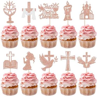 Imagem de 30 Pack Girl First Holy Communion Cupcake Toppers Glitter Cross Bible Cupcake Picks God Bless Cake Decorations for First Communion Baptism Religion Theme Birthday Party Supplies Rose Gold