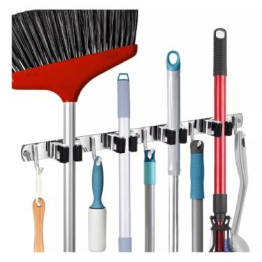 Imagem de Suporte Vassoura Inox Parede Mop Rodo 9 Ganchos Organizador Pano 49cm
