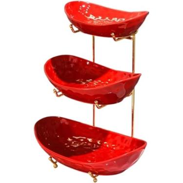 Imagem de Cesta De Frutas Cesta De Frutas Cesta De Frutas Para Balcão De Cozinha, Tigelas De Cerâmica Multicamadas Com Suporte De Metal, Cesta De Frutas Em Camadas Para Frutas, Vegetais, Lanch, Red, S