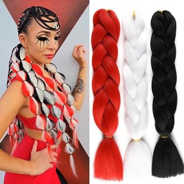 Imagem de Alileona Extensão de cabelo trança jumbo 61 cm caixa jumbo de fibra sintética para trança de cabelo, trança de bolha, 3 mechas/lote (vermelho-branco-preto)