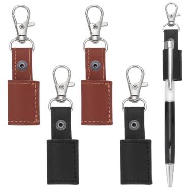 Imagem de AHANDMAKER 4 peças porta-canetas de couro portátil clipe de cordão antiperda de couro PU crachá protetor de bolso para lápis de pescoço chaveiro de crachá (marrom + preto)