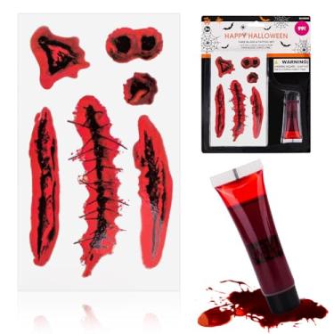 Imagem de Conjunto de tatuagem e sangue falso de vampiro, adesivos de tatuagem de Halloween, adesivos de tatuagem de ferimento, vermelho escuro realista, efeitos especiais laváveis SFX, maquiagem SFX, fantasia