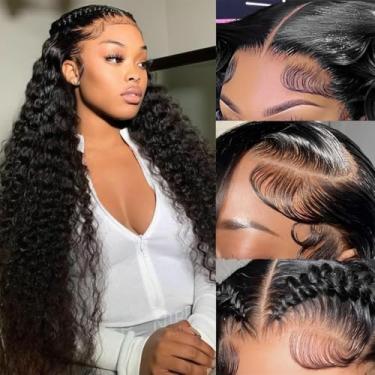 Imagem de Peruca frontal de 33 x 15 cm, cabelo humano, onda profunda, HD, peruca de cabelo humano pré-arrancado com cabelo de bebê, densidade de 200%, cacheado, profundo, sem cola, peruca de cabelo humano