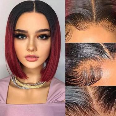 Imagem de Peruca De Cabelo Humano Curto E Reto, Cor Bordô, Com Lace Frontal Bras