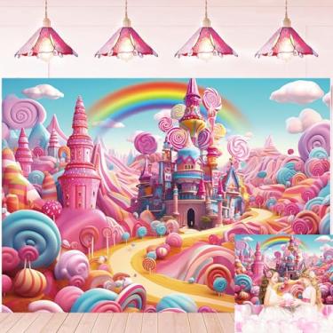 Imagem de Candyland Pano de fundo com desenho animado castelo de doces pirulito arco-íris para decoração de festa de aniversário faixa de chá de bebê (210 x 150 cm)