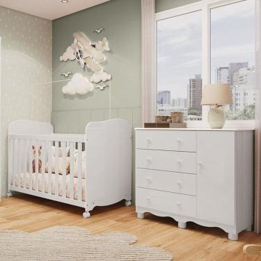 Imagem de Quarto de Bebê com Berço Americano e Cômoda 1 Porta 4 Gavetas 100% Mdf Mimo Espresso Móveis Branco Brilho