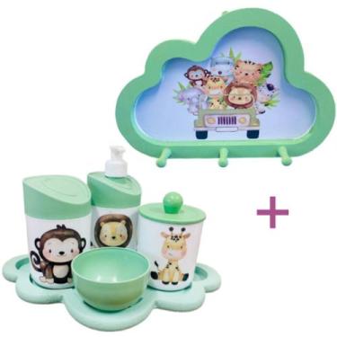 Imagem de Kit Higiene Bebê Safari Leão, macaco e girafa + Cabideiro Infantil Nuv