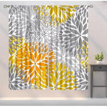 Imagem de Cortinas florais cinza amarelas, boho, dália, crisântemo, arte impressa, cortinas de janela para quarto, sala de estar, cozinha, conjunto de tecido, 2 painéis, 106 x 113 cm, taxa de sombreamento de
