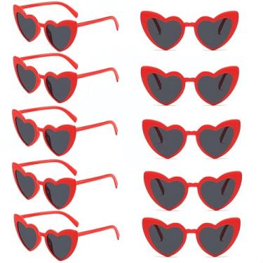 Imagem de NLEYANB Pacote com 10 óculos de sol modernos em forma de coração, proteção UV400 unissex lembrancinhas de festa acessórios a granel (mulheres e homens), Vermelho, 146mm, 40mm