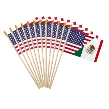 Imagem de Conjunto de bandeira da amizade dos EUA México 10 x 15 cm, pacote com 12, pequena mini bandeira nacional mexicana portátil com mastro de madeira e topo de lança cega