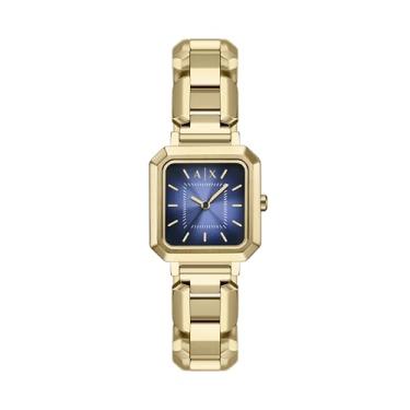 Imagem de Armani Exchange AX Relógio feminino, relógio quadrado feminino com pulseira de aço inoxidável ou couro, Dourado/azul, Leila