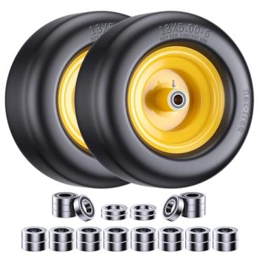 Imagem de Pneu para cortador de grama plano 13x5.00-6, pacote com 2, borracha maciça, capacidade de 250 kg, serve para cortadores de grama zero, tratores e carrinhos de jardim | Rolamentos multitamanhos (3/10.2