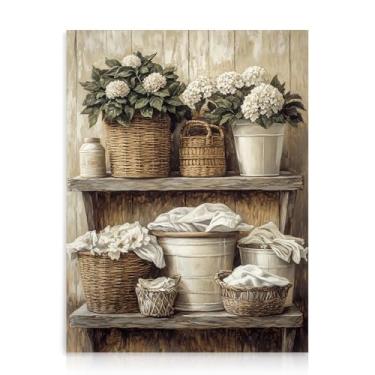 Imagem de Dazzlewall Decoração de parede de casa de fazenda vintage, impressão de arte de cesta tecida floral rústica para lavanderia, banheiro, retrô, botânica, decoração de parede, 30 x 40 cm, sem moldura