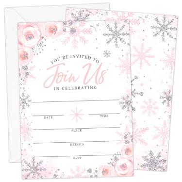 Imagem de Whaline Pacote com 20 Convites de Inverno com Envelopes Adesivos Rosa Floral Floco de Neve Convites em Branco Convites para Artigos de Festa de Natal de Natal, 12 x 18 cm