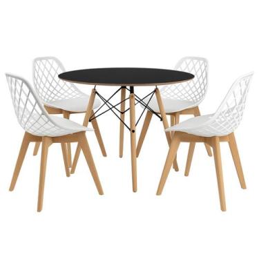 Imagem de Kit Mesa Jantar Eames 110cm Preta + 4 Cadeiras Kaila Wood Branca - La 