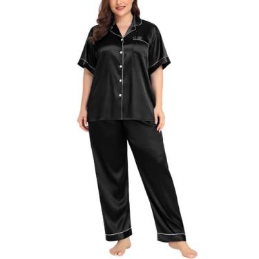 Imagem de Conjunto de pijama feminino SWOMOG, tamanho grande, seda, cetim, manga