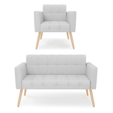Imagem de Kit 1 Sofá Namoradeira e 1 Poltrona Elisa Linho Cinza A05 Pés Palito Natural - D'Rossi