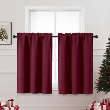 Imagem de OVZME Cortinas de cozinha bordô natalinas de 91 cm de comprimento, cortina grossa sólida pequena para janela de café sobre a pia, cortinas curtas blackout para porão de banheiro, cada uma 101x36L, 2