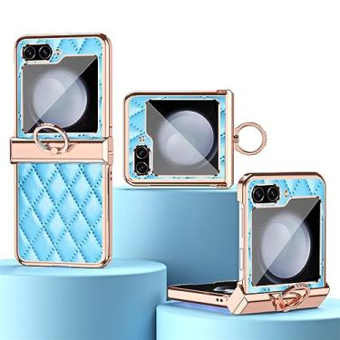 Imagem de Capa de telefone de couro PU com anel galvanizado para Samsung Galaxy Z Flip 5 4 3 Flip5 Flip4 Flip3 5G Capa com suporte, azul, para Galaxy Z Flip3