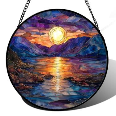 Imagem de JOSUMALY Vitral pendurado em vitral - apanhador de sol azul roxo com vista para o lago para porta, terraço, jardim, decoração de casa, pôr do sol, paisagem, apanhador de sol, presentes de aniversário