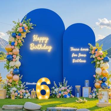 Imagem de Conjunto de 2 capas de fundo de arco azul royal - Capas de arco azul de 2,2 m e 1,8 m, tecido elástico de elastano para cerimônia de casamento, chá de bebê, festa de aniversário, decorações de fundo