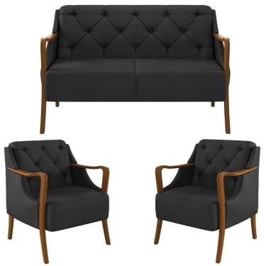 Imagem de Kit Namoradeira 135cm E 2 Poltronas Decorativas Capitonê Lapa M22 Pu Preto - Mpozenato