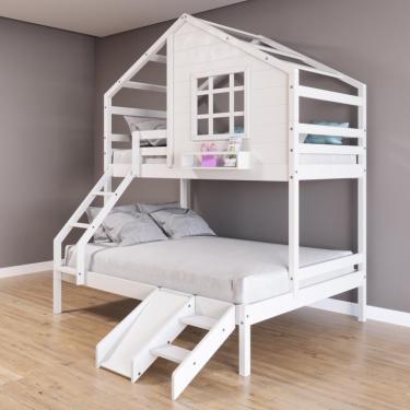 Imagem de Beliche Casinha Com Janela Casal/solteiro Com Escada/escorregador Madeira Maciça Branco Housin