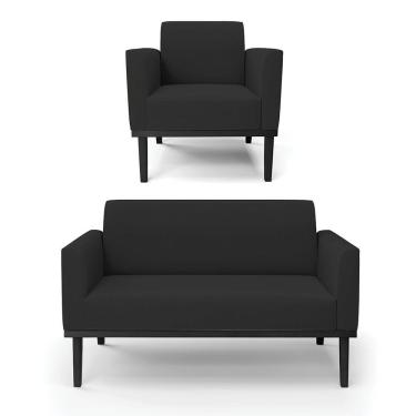 Imagem de Sofá Namoradeira Com Poltrona Base De Madeira Fixa Preto Marisa Veludo Preto D03 - D'Rossi