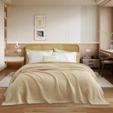 Imagem de Cobertor de cama tamanho solteiro para todas as estações, cobertores de cama ultra macios com padrão xadrez sólido cáqui respirável para todas as idades, 152 cm x 213 cm