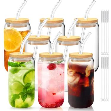 Imagem de DAMCONME Copos de vidro com tampas e canudos, conjunto de copos de café gelado de 227 – 473 ml para reuniões de família, festas de fim de ano e bebidas diárias – Copos prontos para presente para o