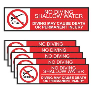 Imagem de Rousrie Adesivos de aviso de segurança sem mergulho, vinil impermeável, 7,6 x 25,4 cm, etiquetas de cuidado para piscina, retângulo, 6 peças