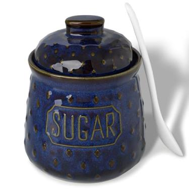 Imagem de QUXIJA Açucareiro com tampa e colher, recipiente de açúcar de cerâmica de 293 ml para acessórios de cozinha, recipientes de armazenamento de açúcar, decoração de fazenda (azul vintage)