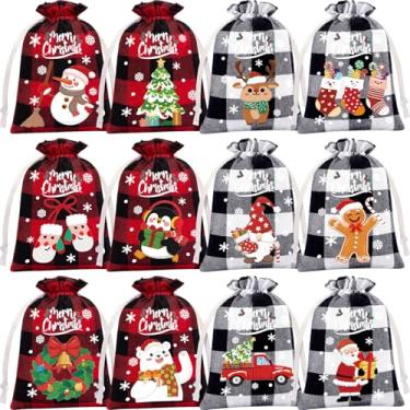 Imagem de FLOE 36 unidades de estopa de Natal, sacos de cordão xadrez búfalo, sacos de presente de Natal de estopa para doces de Natal, pequenos sacos de linho de Natal, sacos de guloseimas reutilizáveis, saco