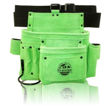 Imagem de Graintex SS2464 5 bolsos para unhas e ferramentas em couro de camurça cor verde limão com cinto de 5 cm para construtores, eletricistas, encanadores, faz-tudo