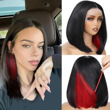Imagem de JANATOUCH Peruca sintética bob curta peruca sintética para mulheres (preta com vermelho oculto)