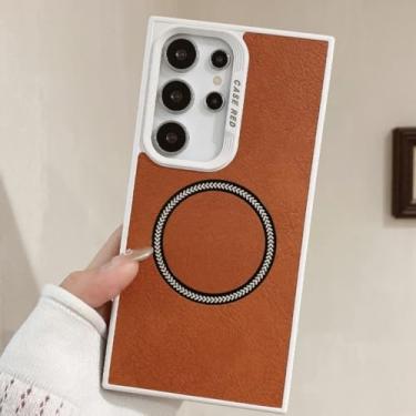 Imagem de HJZSZX Capa de couro à prova de choque para Galaxy S23 Ultra com capa magnética para carregamento sem fio (para Galaxy S23 Ultra/marrom)