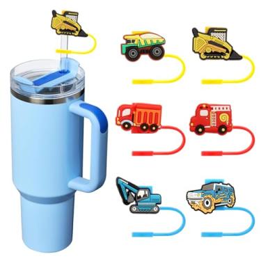 Imagem de Puluole 6 peças de cobertura de palha infantil para copo Stanley, cobertura de canudos de escavadeira de 10 mm para meninos, capa de canudos de caminhão de silicone para crianças, capa de palha para