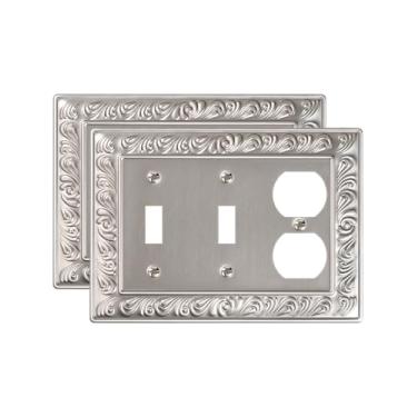 Imagem de TREEWELL Pacote com 2 capas de tomada dupla/duplex simples, placas decorativas de interruptor e tampas de tomada, 4 placas de parede de metal níquel acetinado de 4 unidades, resistentes à corrosão