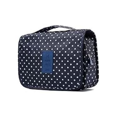 Imagem de Nécessaire Organizadora de Viagem Impermeável em Nylon – Grande Espaço, Múltiplos Compartimentos e Gancho para Pendurar | Azul Marinho Bolinhas